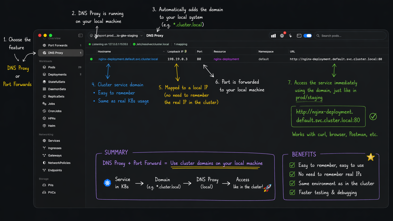 Stable service URL workflow using DNS Proxy and Port Forward in Krust
