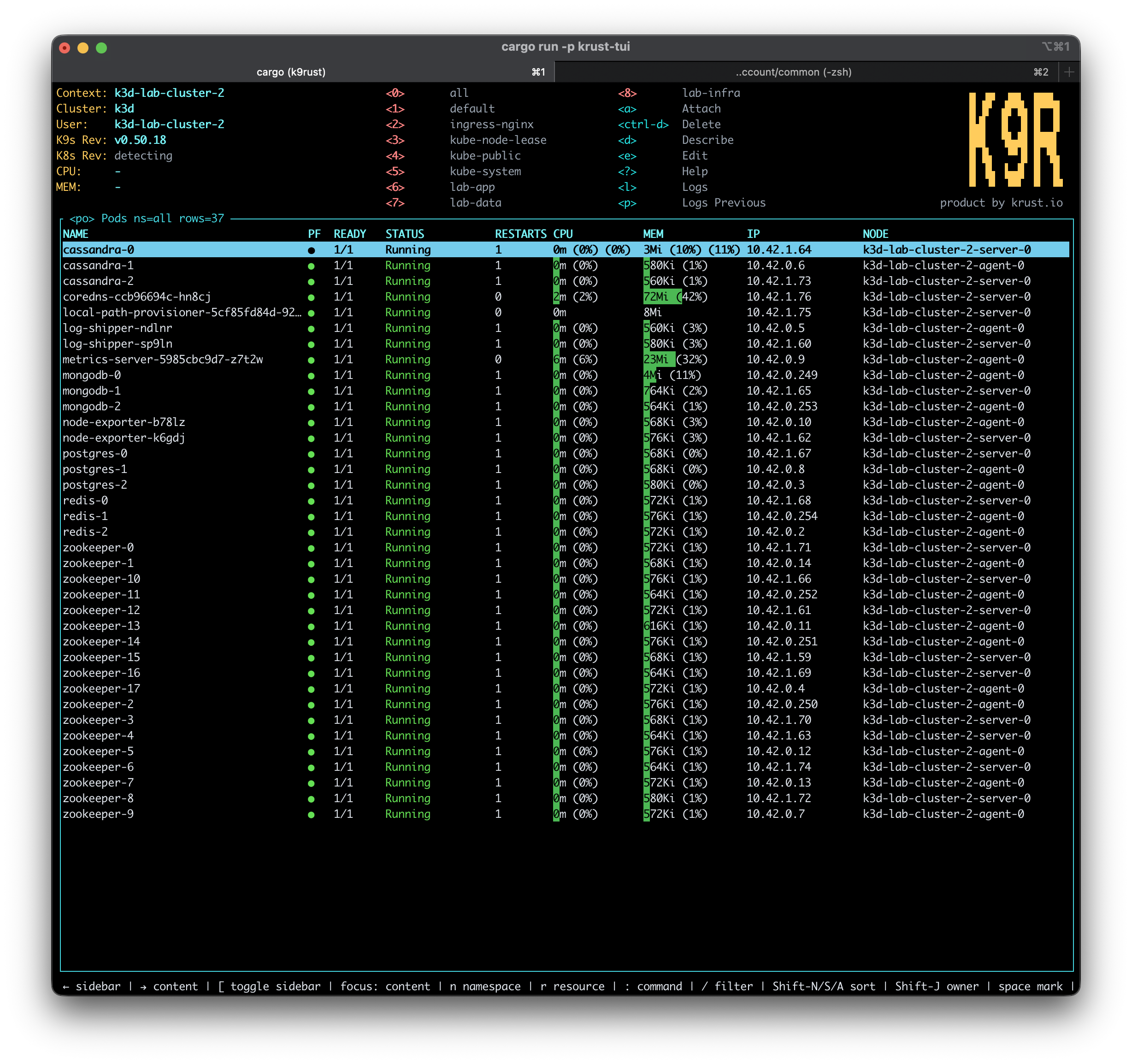 K9r terminal UI showing cached Kubernetes pod rows, namespace shortcuts, resource actions, CPU and memory columns, and keyboard hints