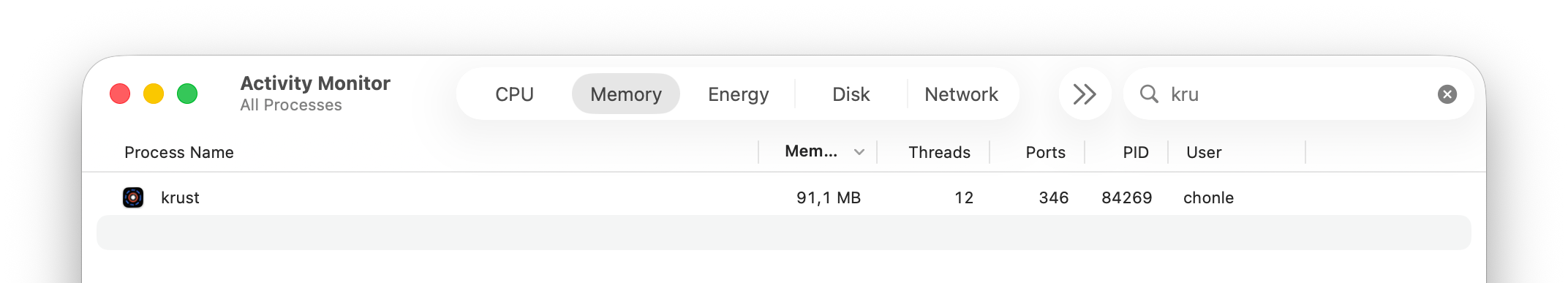 macOS Activity Monitor showing Krust using only 91MB of memory