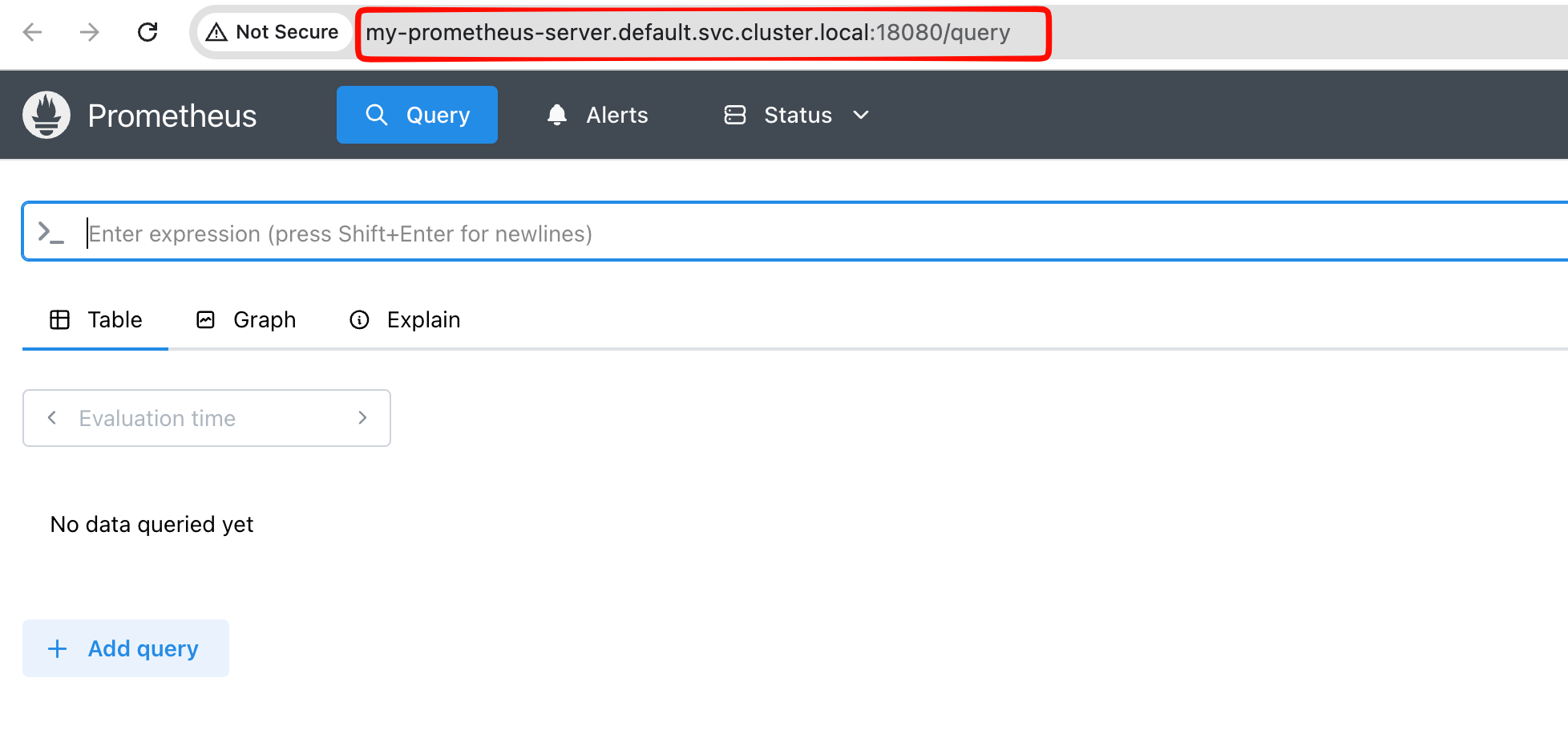 Prometheus opened via cluster-local hostname with local fallback port 18080
