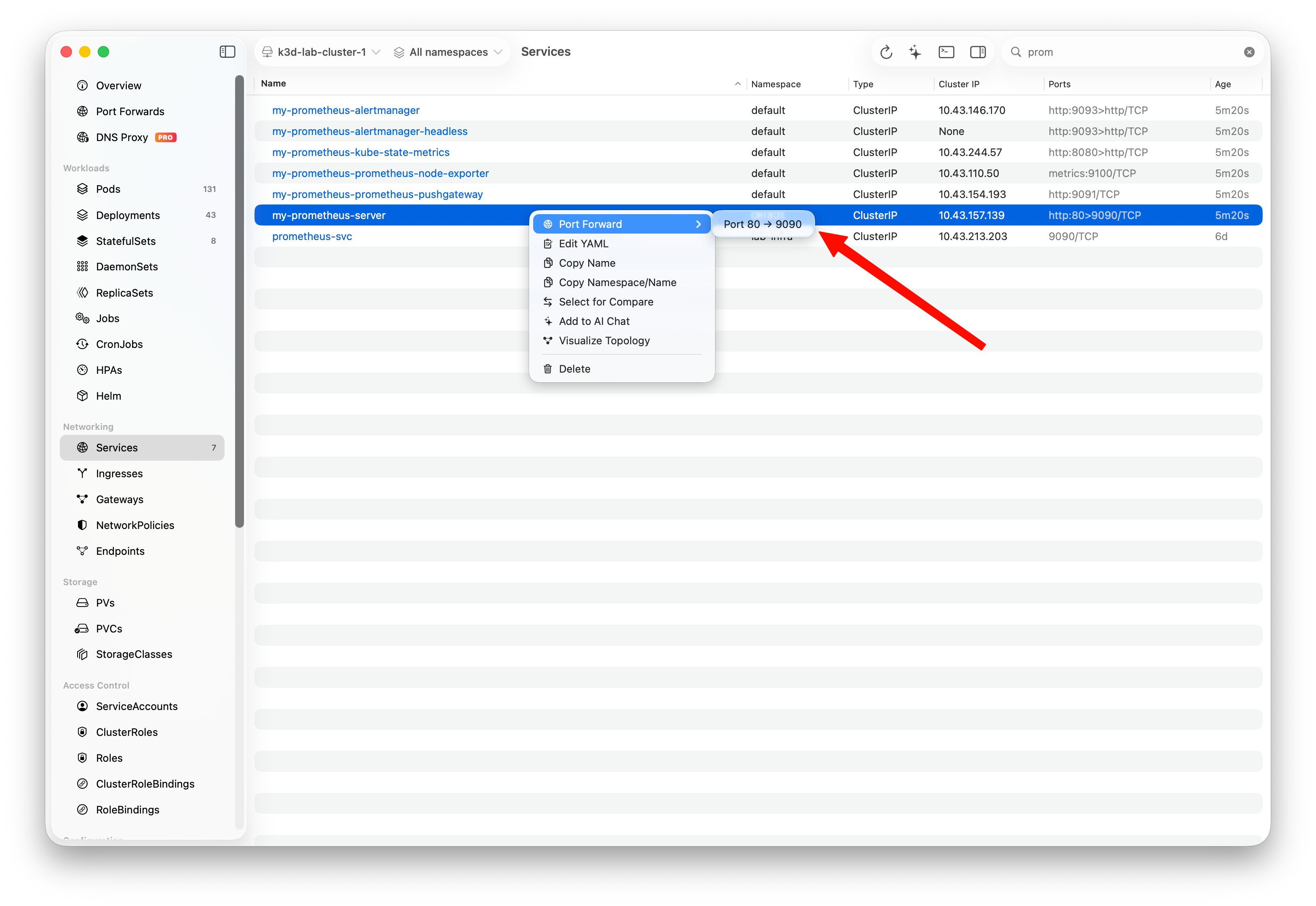 Service context menu showing Port Forward and service port mapping 80 to 9090