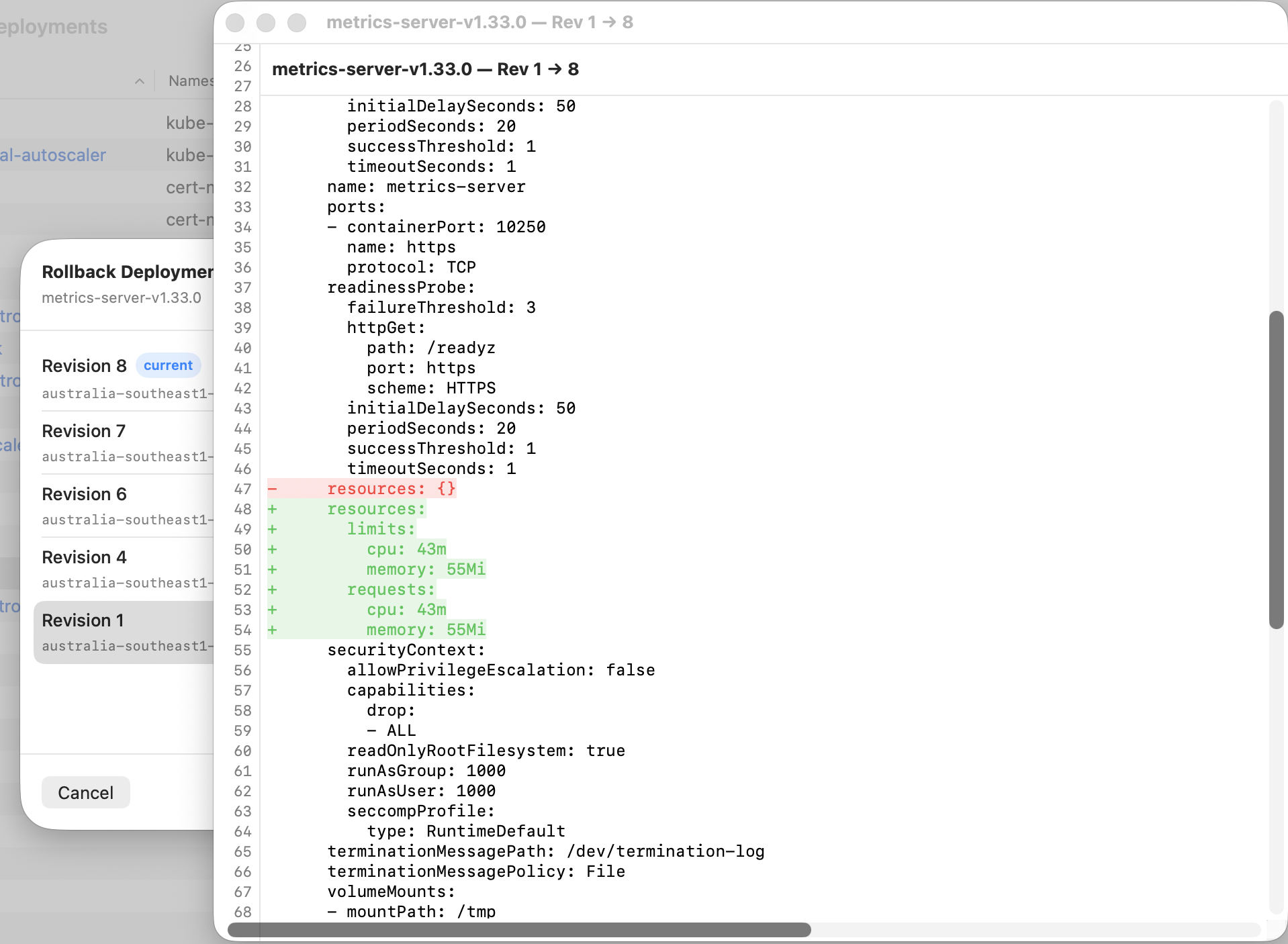 Krust revision diff showing Deployment rollback with colored additions and deletions between Rev 1 and Rev 8
